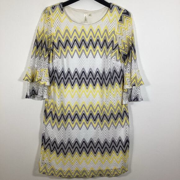 Tacera Midi Shift Dress XL Chevron Zig Zag Crochet Boho Yellow Grey Bell Sleeve - Picture 1 of 7